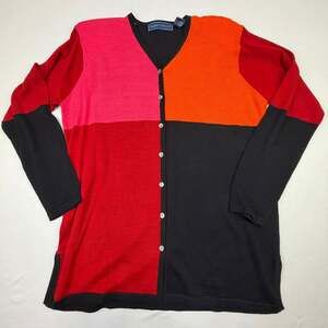 Karen Scott Women's Colorblock V-Neck Cardigan Lightweight Sweater Red Pink Oran